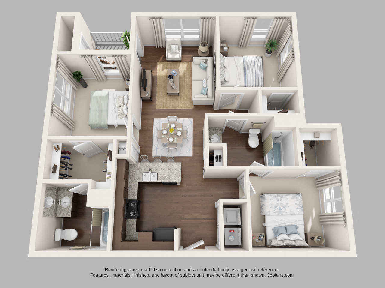 Floor plan for 3 beds, 2 baths, 1050 sqft